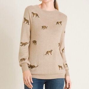 Chicos Leopard Embroidered Sweater Animal Motif Tan Cheetah Crewneck Size Medium